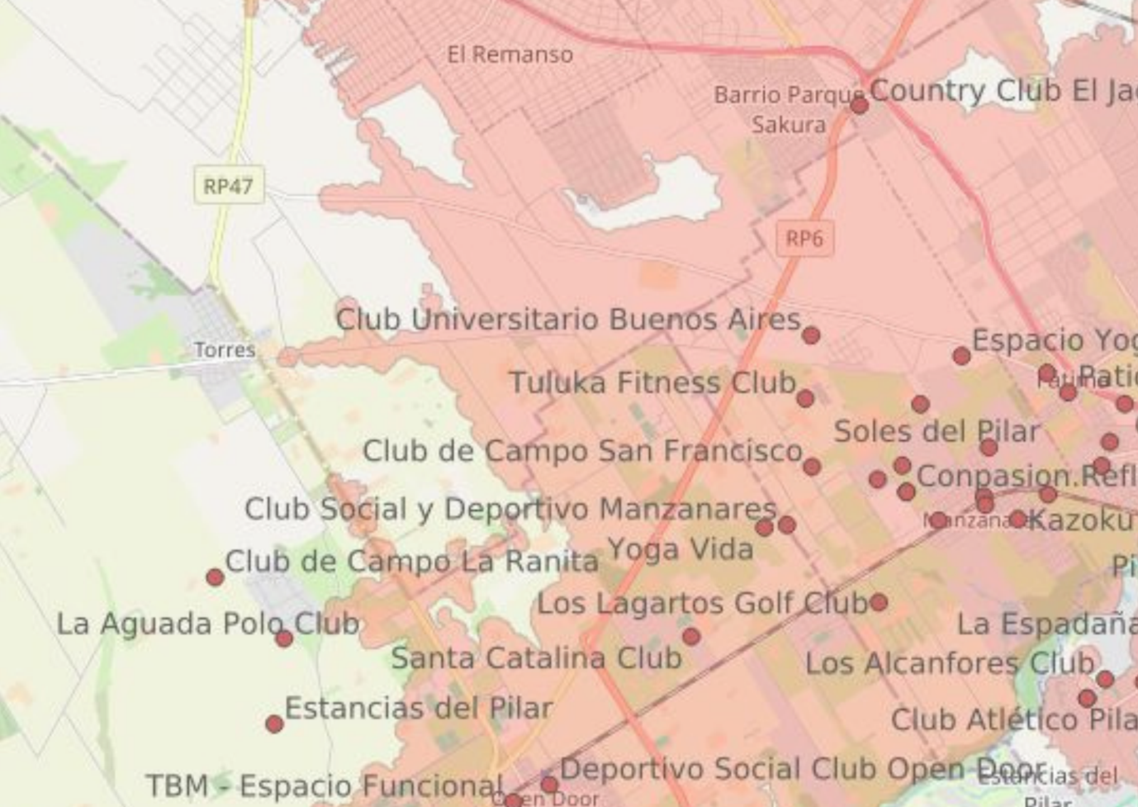 Mapa interactivo de Geodata® mostrando un trade area con puntos de interés comerciales georreferenciados
